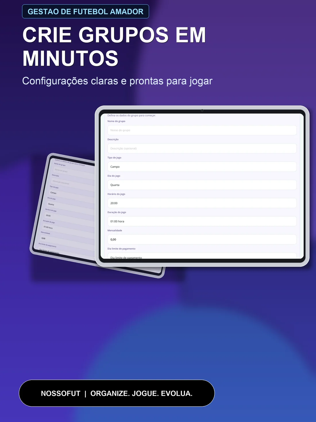 Tela de criação e configuração de grupo no tablet
